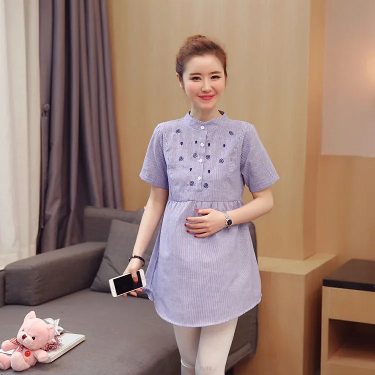 

New fashion waist pleated embroidery cotton maternity shirt spring and autumn shirt pregnant women clothing
