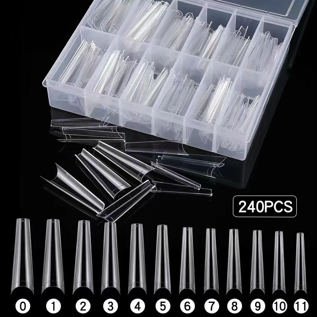 

240Pcs XXL Nail Long Coffin Tips No C Curve Soft Gel Clear Half Cover Coffin Tapered Straight Tips with Case for Acrylic Nails