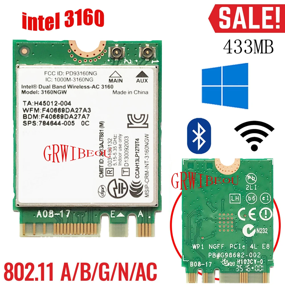 Dual Band Wireless Wifi Card For Intel 3160 Mini PCI-E 2.4G/5Ghz Bluetooth 4.0 Wlan Wi-Fi Adapter 802.11ac/a/b/g/n | Компьютеры и офис