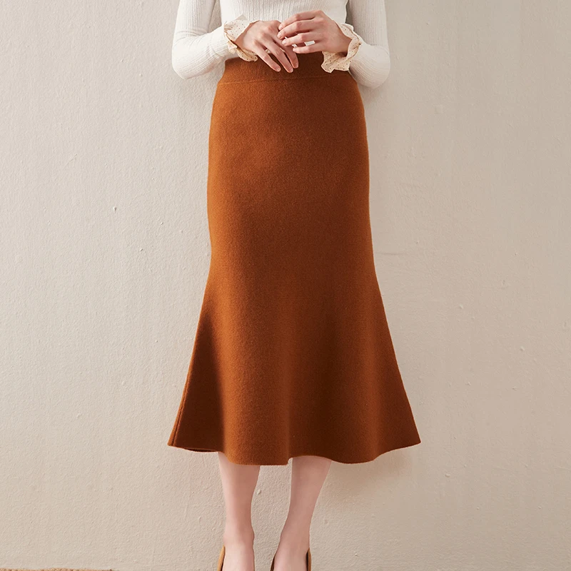 New 100% Cashmere Fishtail Skirt Women's Mid-Length Autumn and Winter High Waist Slimming Knitted Thick Wool Hip Skirt