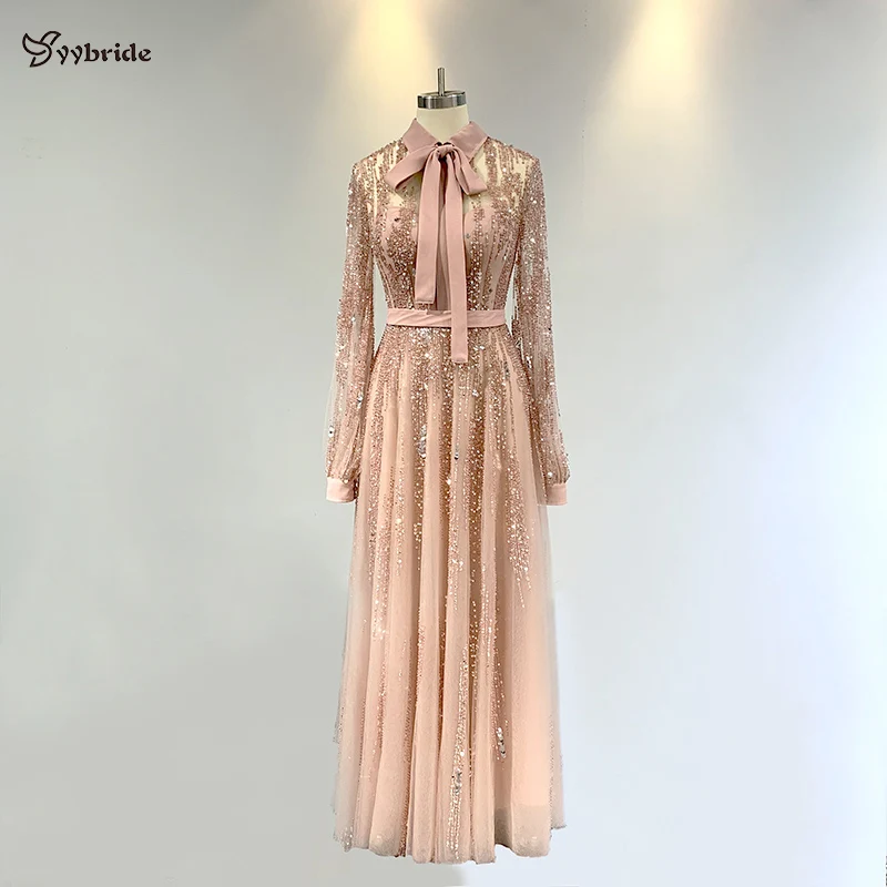 

yybride Nude Pink High Neck Beading Girl Party Dresses Long Sleeves with Belt Bespoke Occasion Dresses Floor Length Prom Dresses