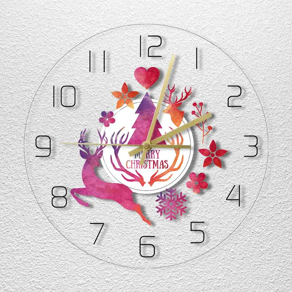 Merry Christmas Watercolor Deer Painting Print Modern Simple Wall Clock Holiday Hanging Timepiece Watch New Year Home Decor | Дом и сад
