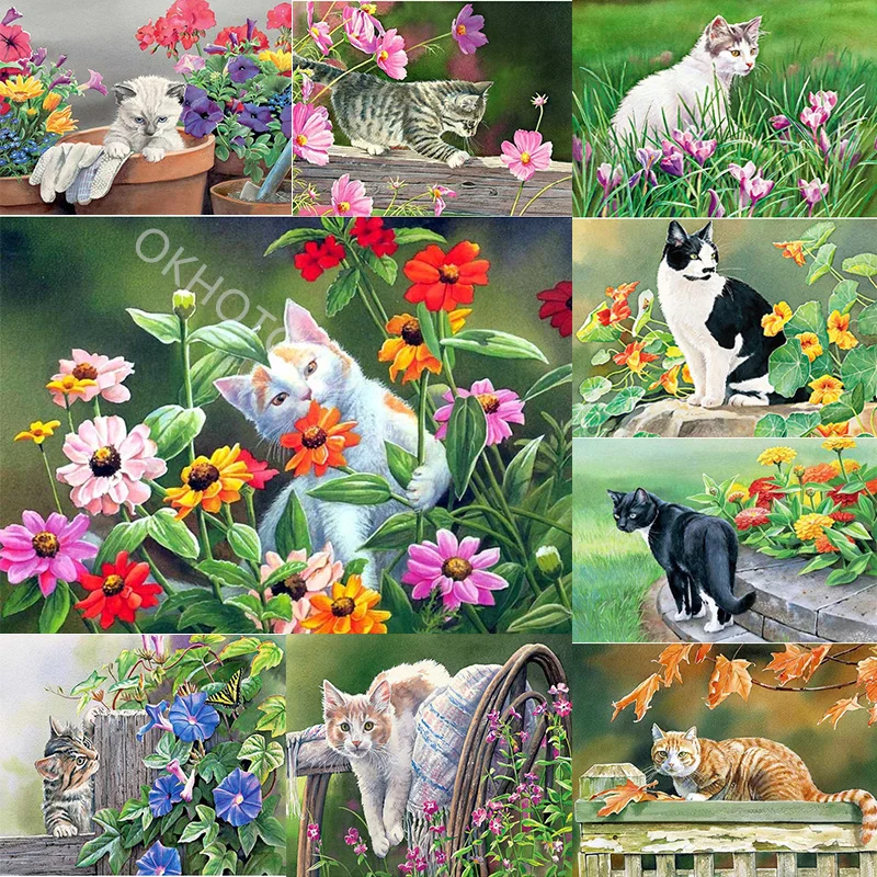 

Алмазная живопись 5D, картина с кошкой, цветком, алмазная вышивка с животными, полноразмерная, круглая, для домашнего декора и т. Д.