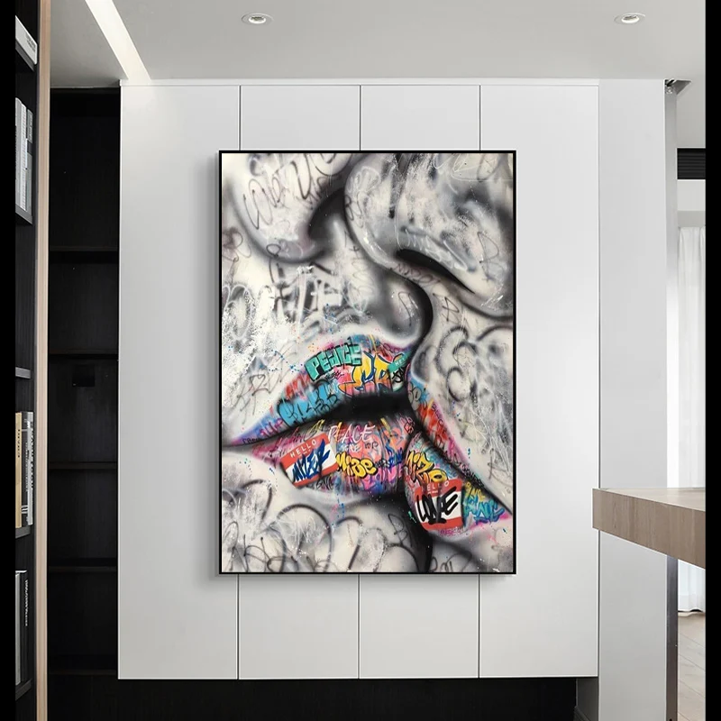 

Lover Kissing Street Graffiti Art Canvas Painting Abstract Prints and Poster Cuadros Wall Art Picture for Living Room Home Decor