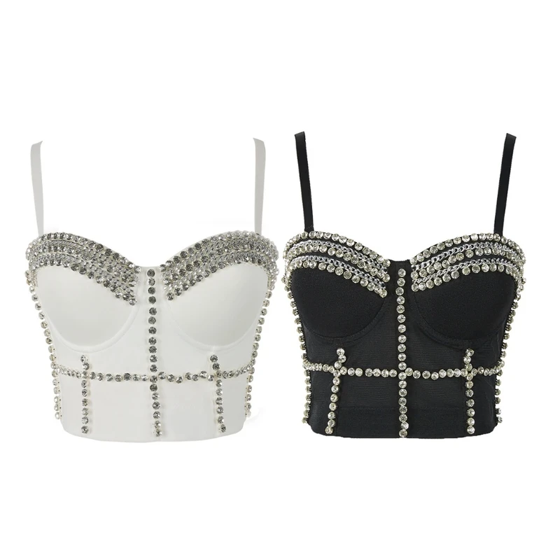 

Women Diamond Chain Mesh Bustier Crop Top Spaghetti Strap Jewelry Push Up Corset Camisole Vest Night Club Party Bralette