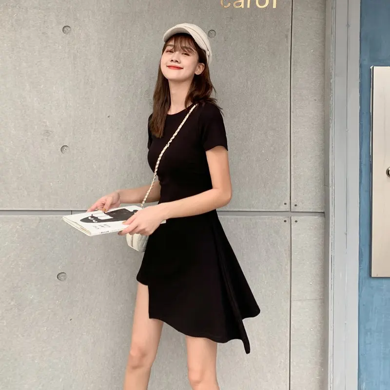 

2021 summer style spot ~ real shooting ~ small video ~ Korean women's dress solid color irregular slim waist dress