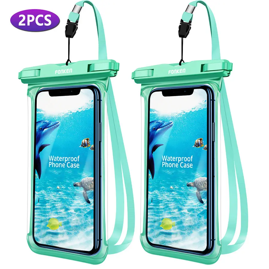 2pcs green case FONKEN полный дисплей Водонепроницаемый чехол для телефона HD прозрачный тропический лес пустыня снег Сухой Мешок Подводный плавательный чехол Чехлы для мобильных телефонов - Цвет: 2pcs green case