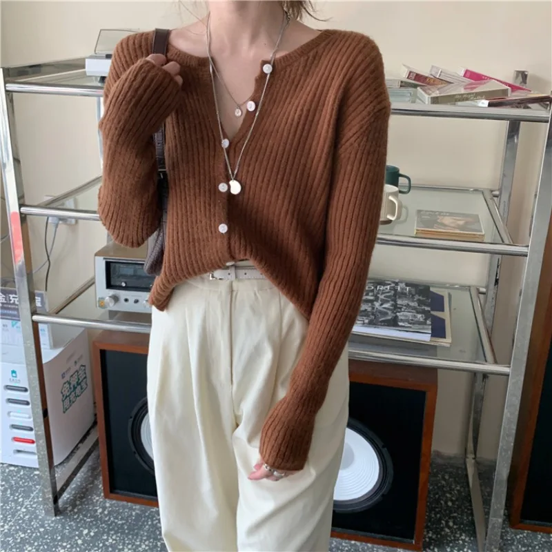 

Kimotimo Long Sleeve Knitted Jumper Women Solid Slim Office Lady Elegant Basic Vintage Korean Casual Autumn Cardigan Sweater