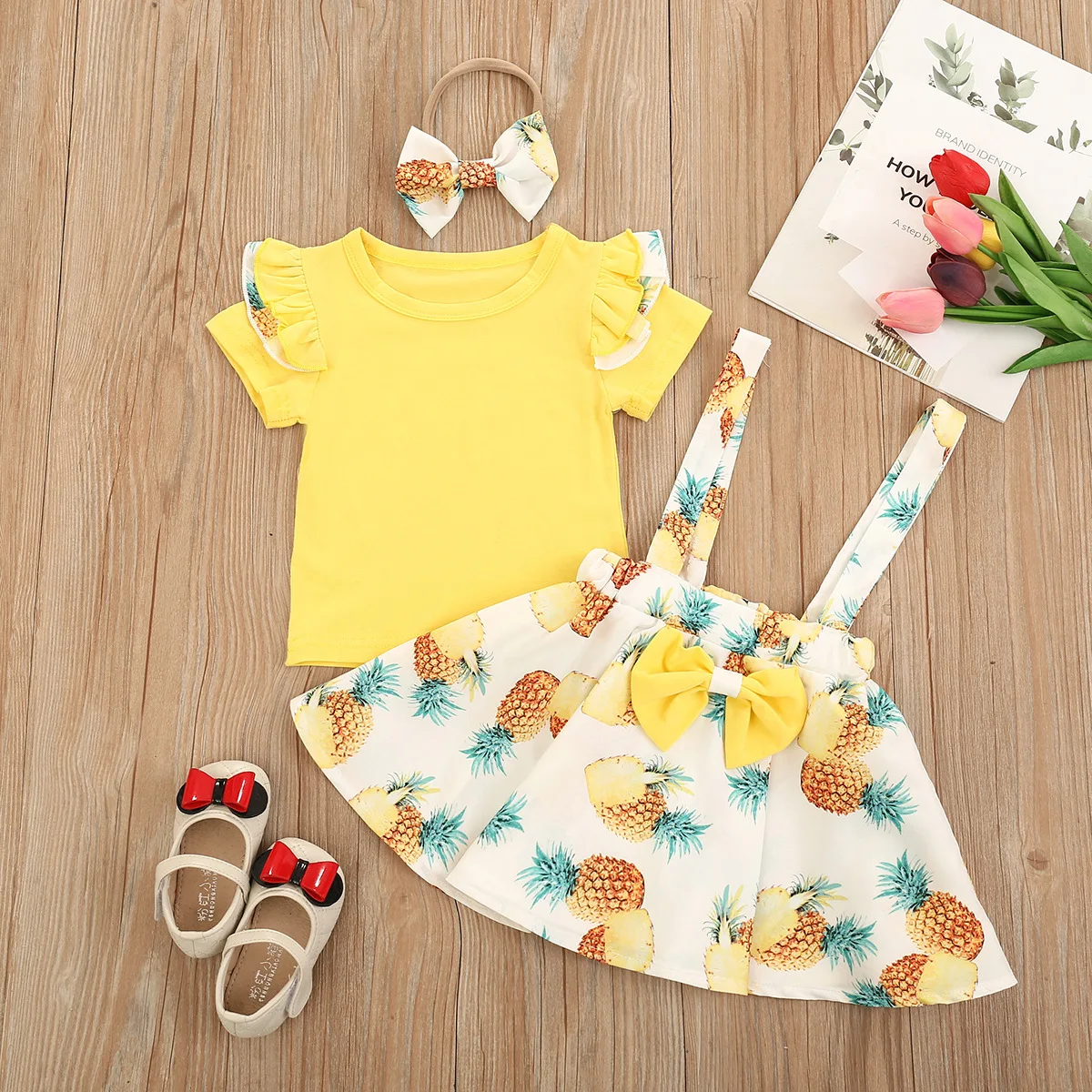 

Kids Skirt Girls Printing Strap Dress Tops Set Tutu Bowknot Party Summer Robe