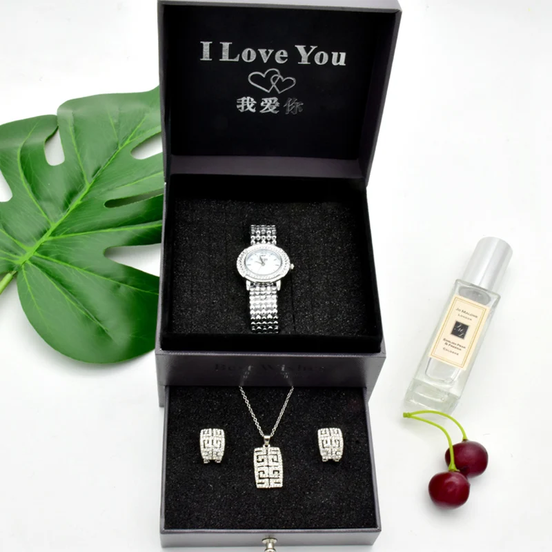 Женские модные роскошные часы колье серьги Подарочная коробка кварцевые женские