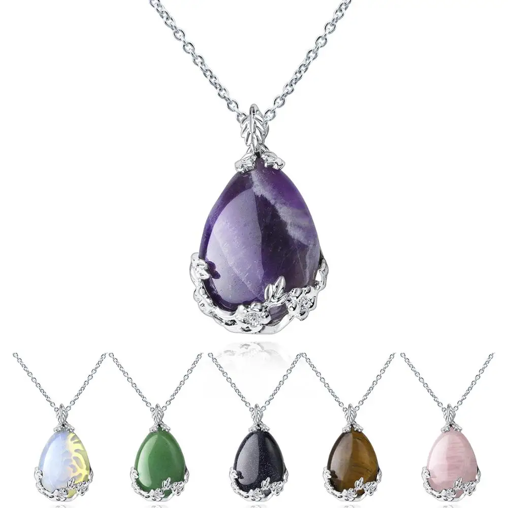 Ожерелье из натурального драгоценного камня в форме капли с резным цветком