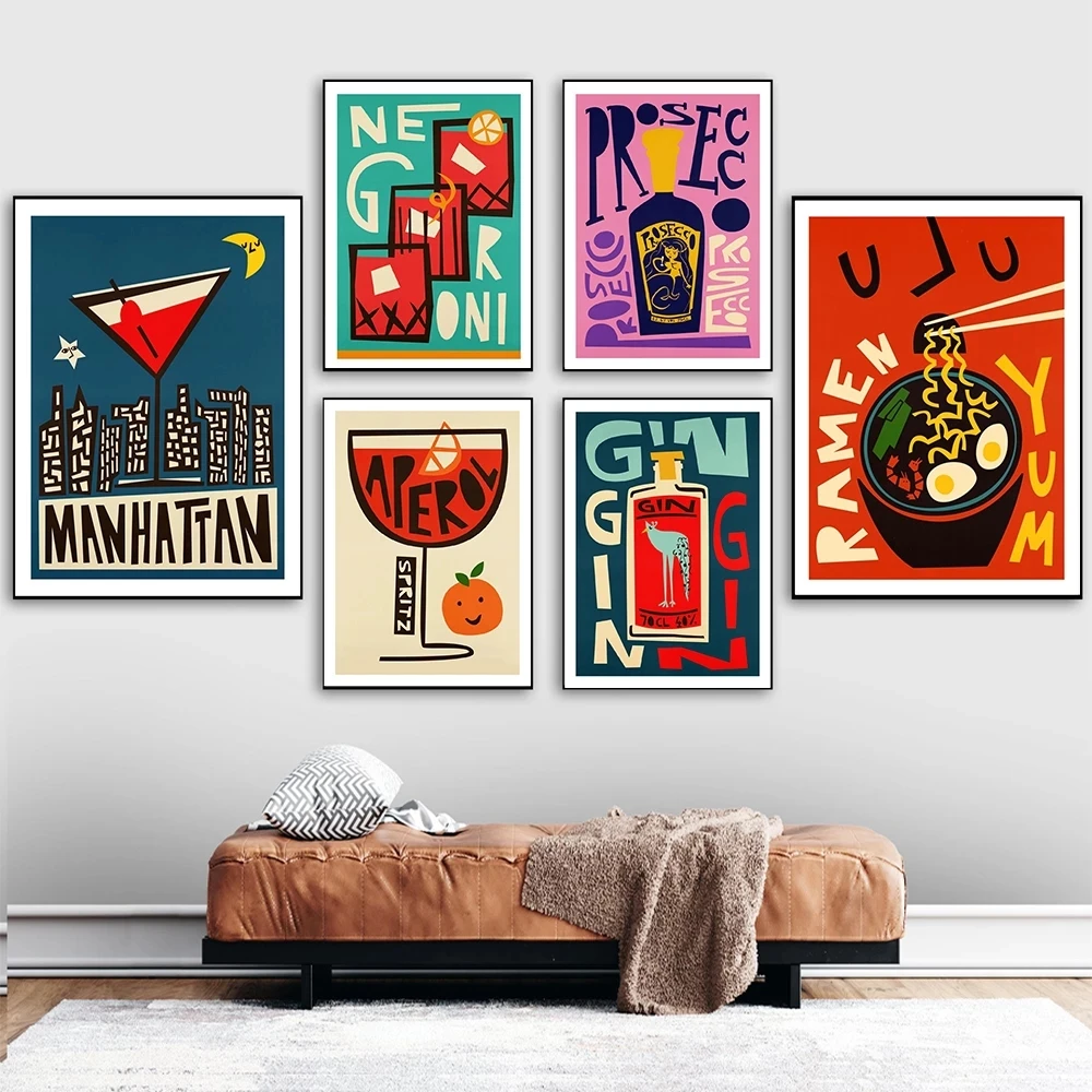 

Cartoon Fruit Juice Rum Food Posters And Print Yum Coffee Pizza Prosecco Canvas Painting Club Bar Shop Wall Decoration Pictures