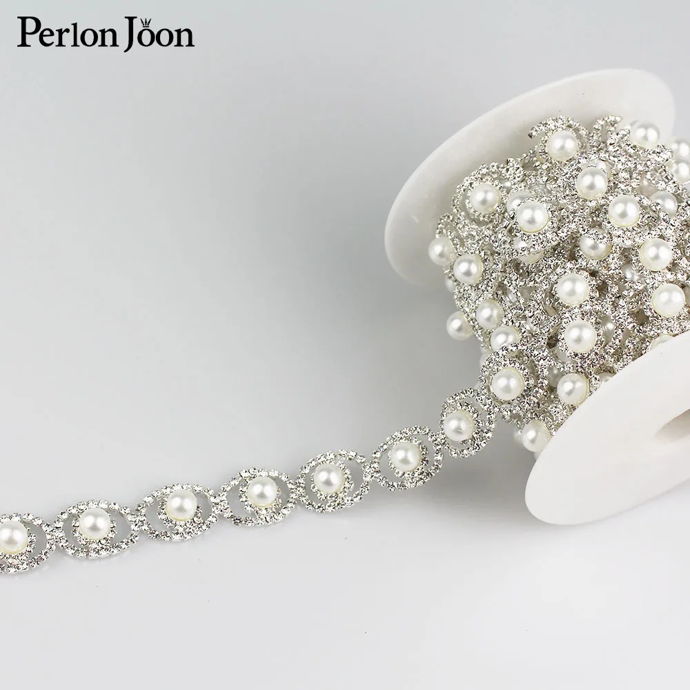 

5yard/lot big pearl rhinestones trim Ribbon crystal metal chain for dress,bag,shoes accessories ML005