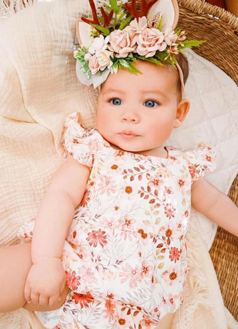 

Summer Toddler Baby Girls Flower Print Flying Sleeve Bodysuit and Bowknot Headwear Two-piece Suit for Birthday Party