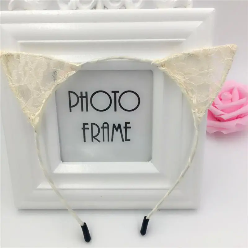 Женская повязка на голову с кошачьими ушками Классическая Черная Кружевная