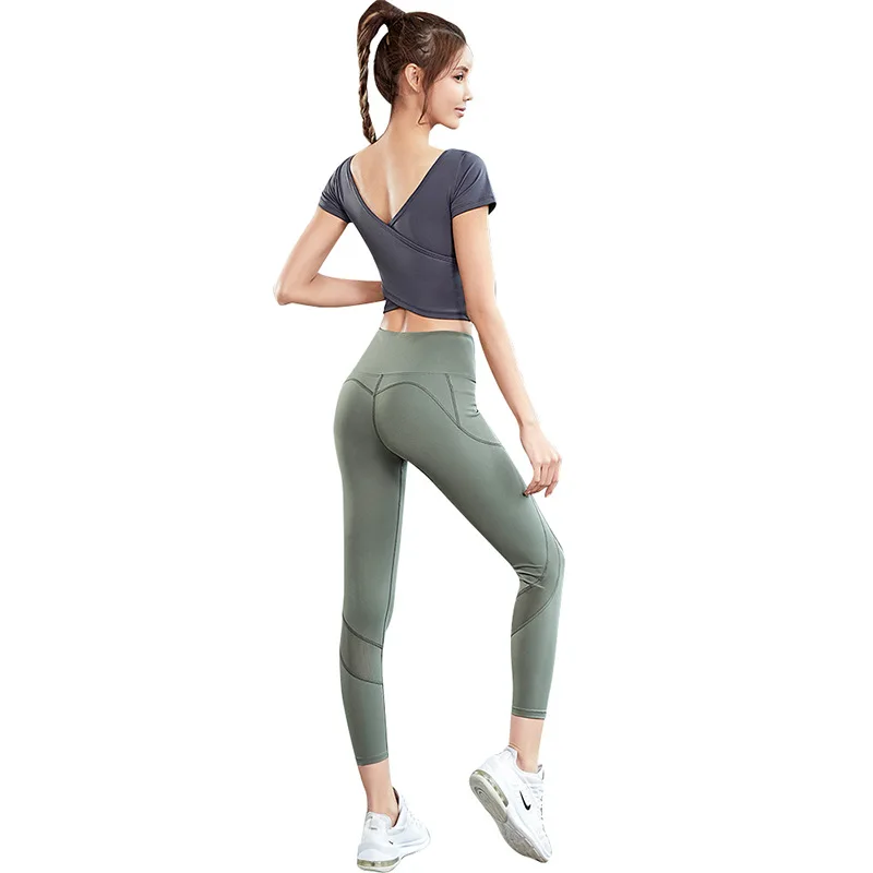 

Yoga Set Sport Outfits Women Two 2 Piece Crop Top T Shirt Leggings Workout Gym suit Fitness Sport Sets Running New Arrival 2021