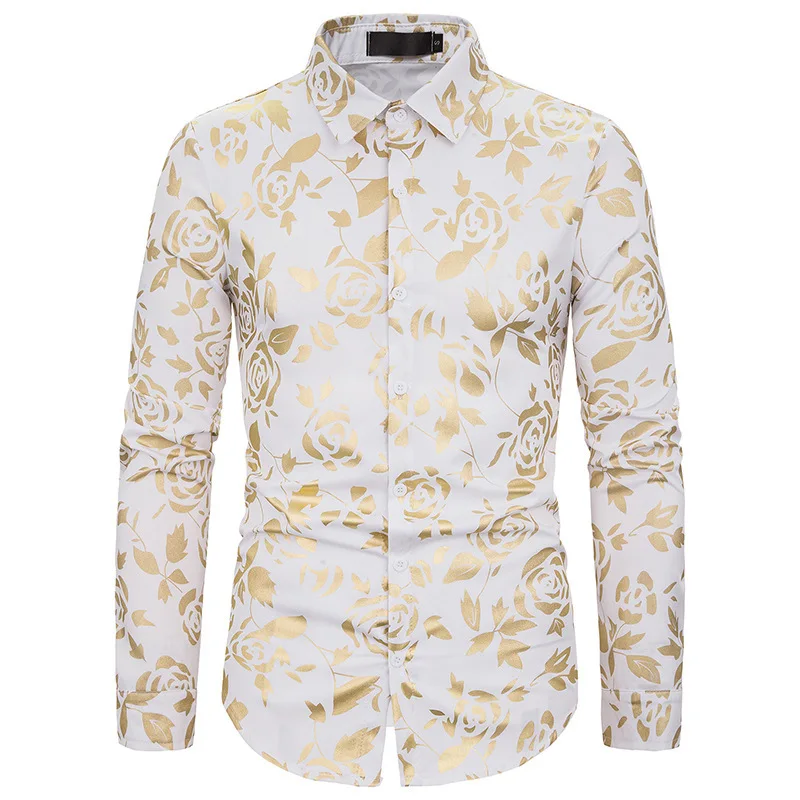 

Autumn night club men's lapel rose gilded print slim long sleeve shirt tide floral shirt men's jacket dress shirts men