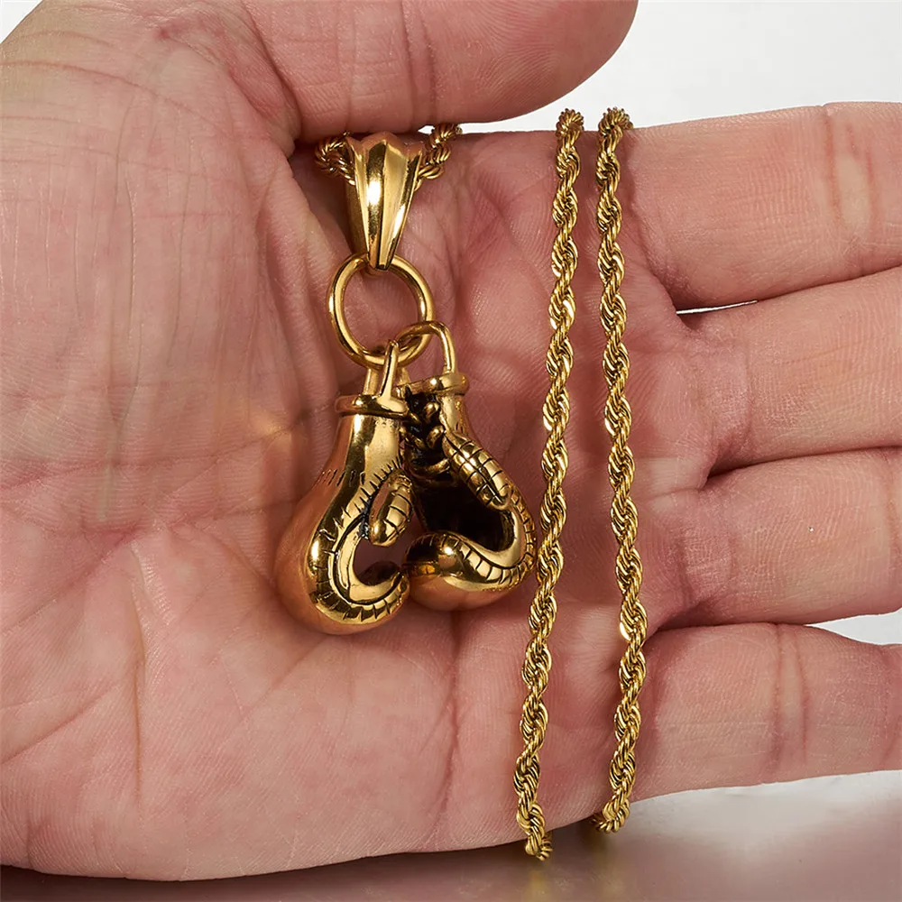 

New Hip Hop Fashion Necklace For Men Boxing Pendant Gold Chain Stainless Steel Luxury Casual Rock Jewelry Gift