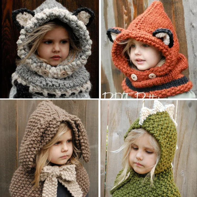 Kids Winter Knitted Hood Scarf Beanies Ear Warmers Cartoon Fox Rabbit Bear Cloak Woolen Cap Coat