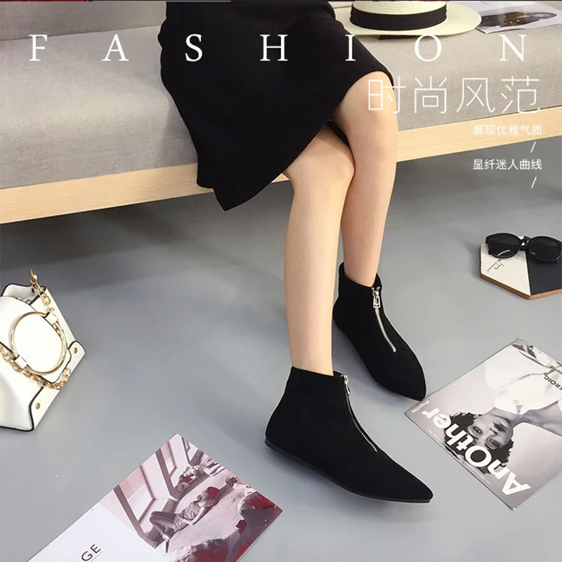 2020 флоковые ботильоны Женская Удобная зимняя обувь Нубук Молния спереди Плоская