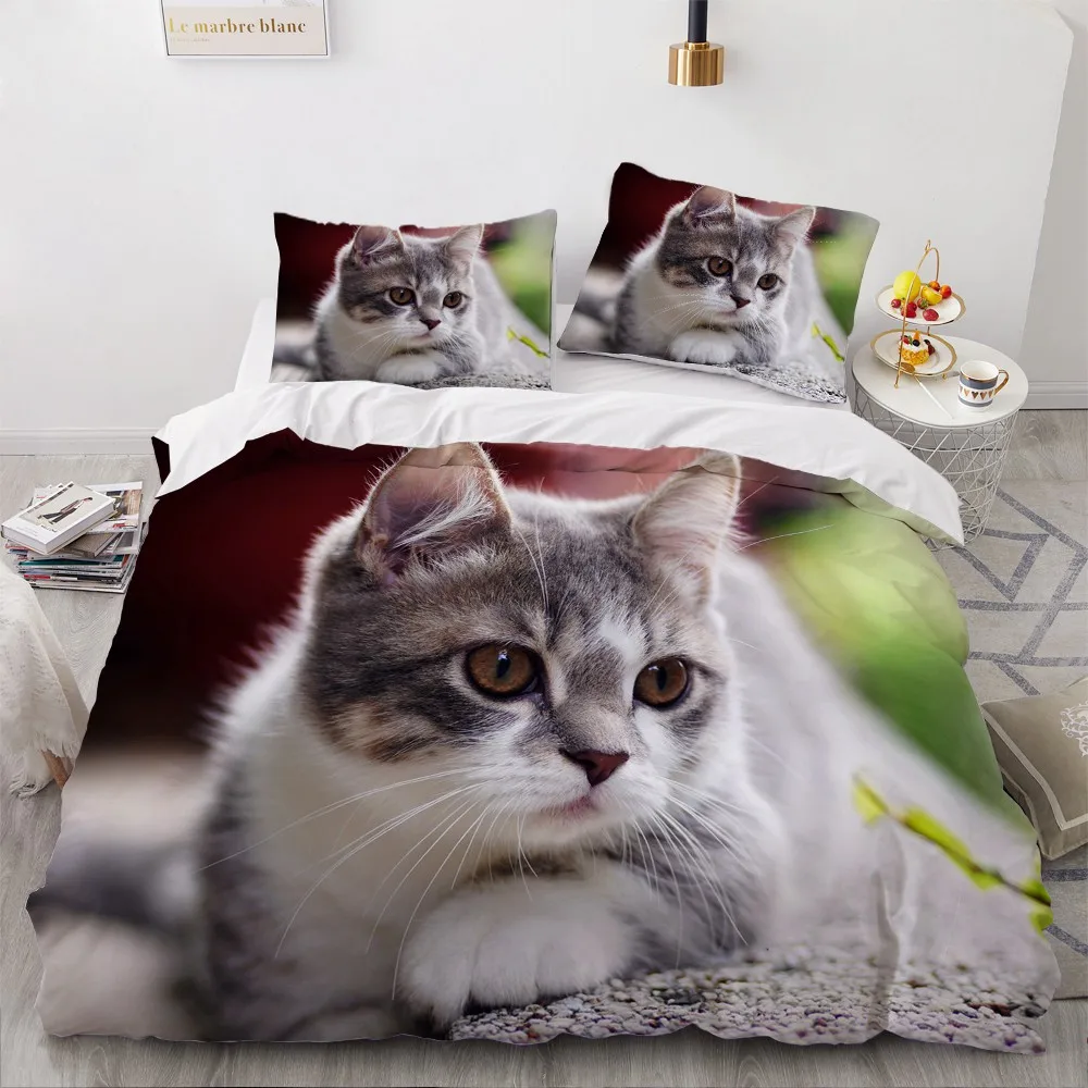 

Cat Design 3D Bedding Sets White Duvet Quilt Cover Set Comforter Bed Linen Pillowcase King Queen 200*200cm Size Dogs Pet Dog