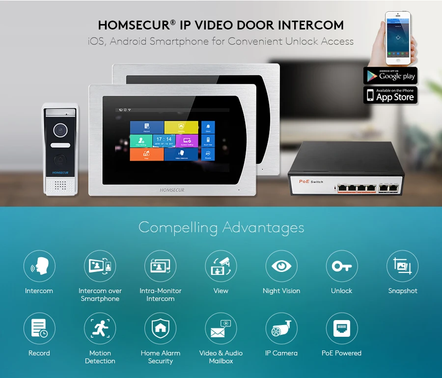 HOMSECUR 7 ''сенсорный экран wifi IP видео домофон видеодомофон дверной звонок квартира Обнаружение движения Android/iOS POE переключатель
