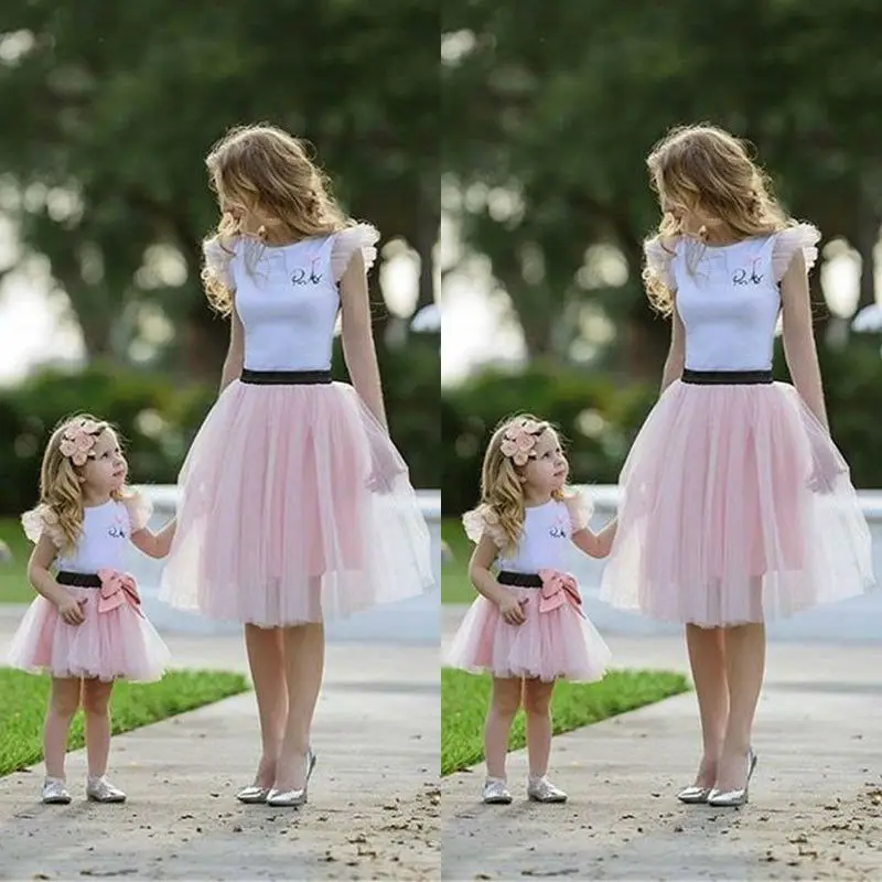 FOCUSNORM Summer Fashion Family 2pcs Clothes Set Women Girl Kids Lace Tops Tutu Skirt Family Mom-Girl Matching Clothes