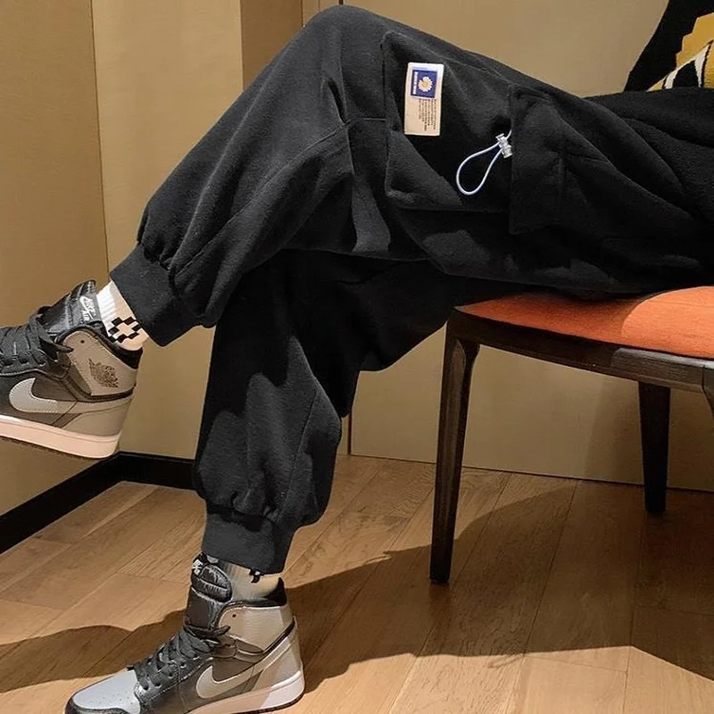 

HOUZHOU Black Sweatpants Male Grey Cargo Pants Plus Velvet Joggers Gym Tracksuit Sportswear Man Casual Korean Streetwear Hip Hop