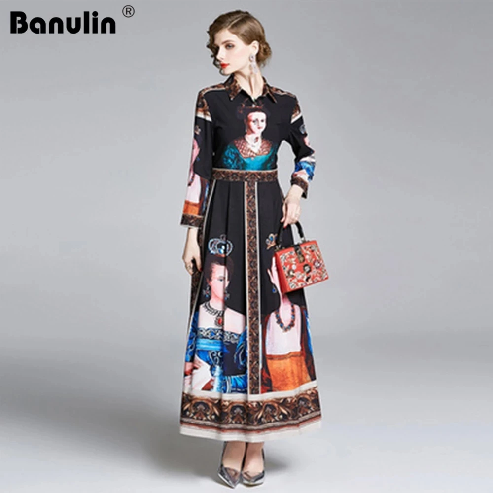 

Banulin 2020 Spring Summer Fashion Runway Vintage Dress Women's Long Sleeve Gorgeous Painting Queen Print A Line Elegant Dress