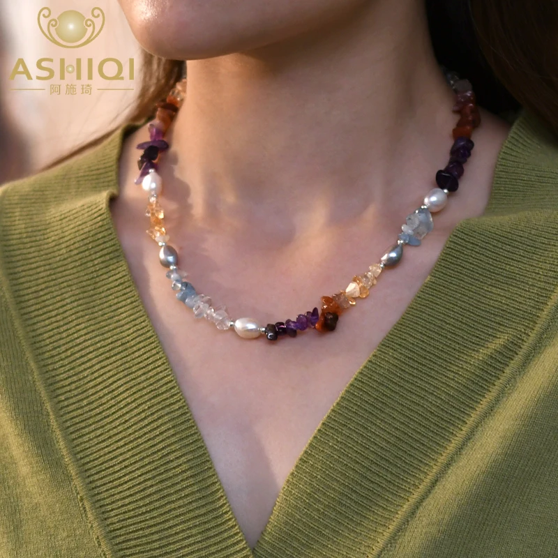

ASHIQI Natural Freshwater Baroque Pearl Necklace with Irregular Colorful Crystal Stone Jewelry for Women Gift