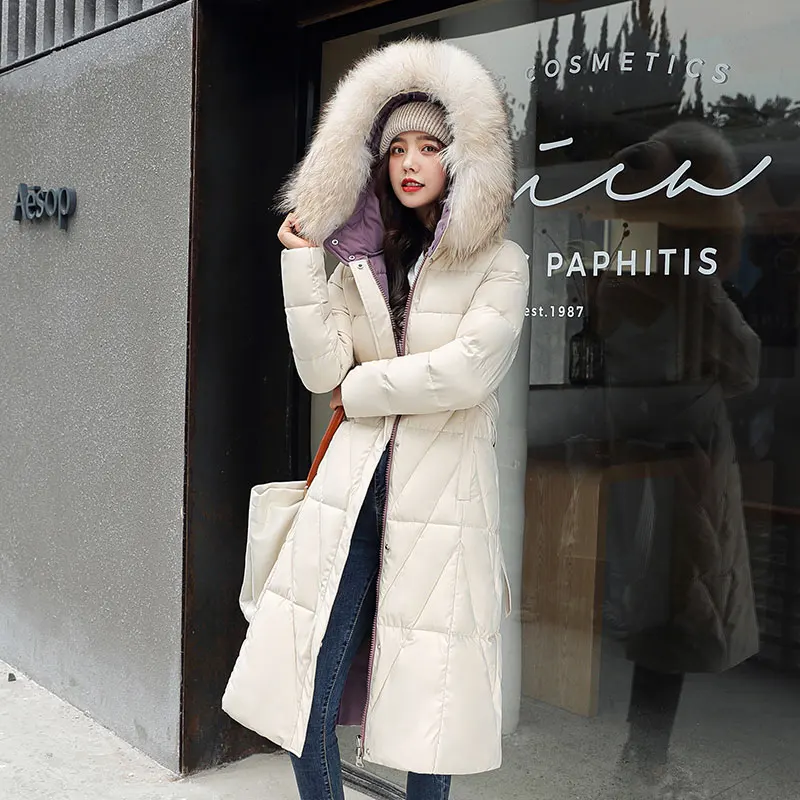 Long hooded Parka Coat Winter Jacket Women Slim Fashion Double-side Wear Parka Fur Collar Jacket Female Office Lady
