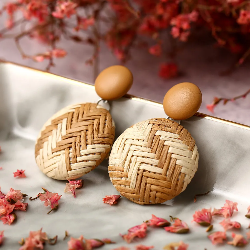 Ручной работы деревянные круглые серьги в богемном стиле Дерево Бамбук ротанг