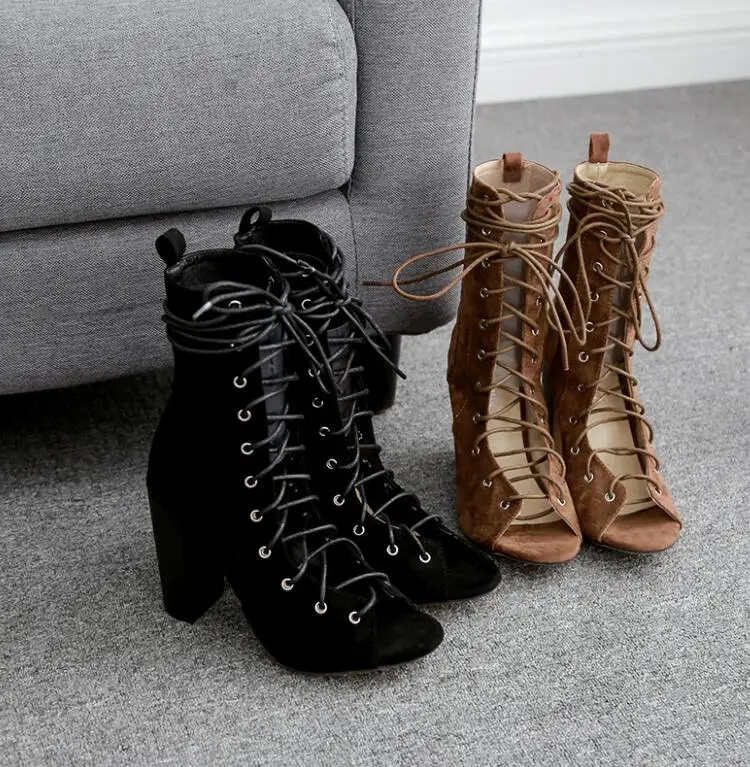 2020 New Ankle Boots For Women Peep Toe Lace-Up Cross-tied heel Pumps Roman Bootas Sandals Brown Black | Обувь