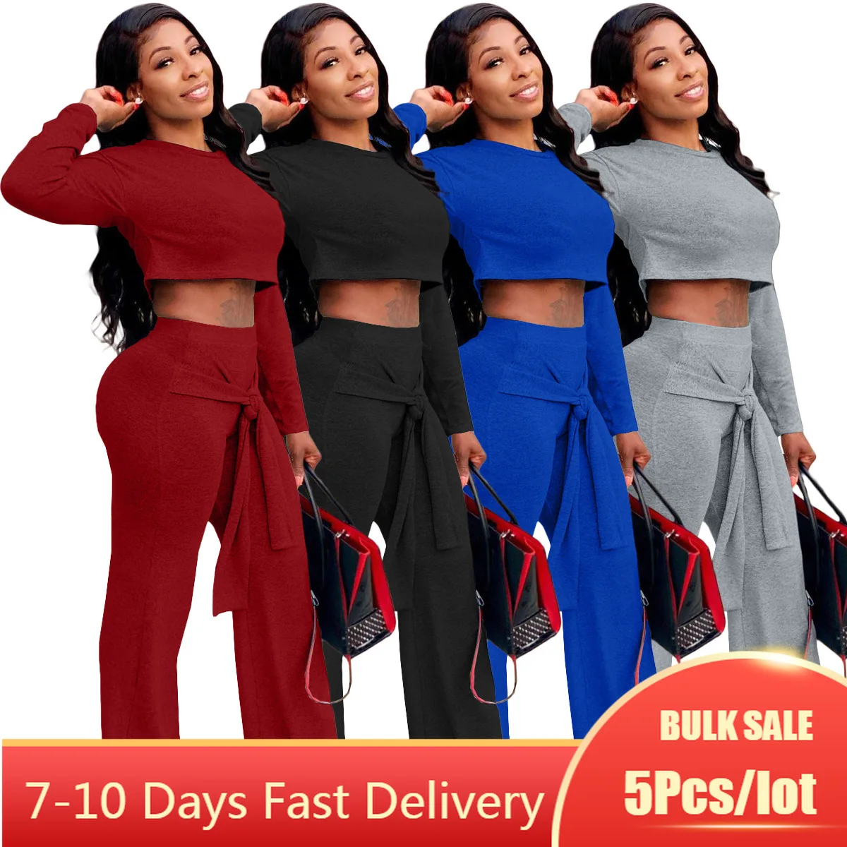 

5PCS Bulk Item Wholesale Lots Casual Womens Two Piece pants Set Solid Crop Tops Bandage Pants Set Elegant 2021 Women Gym Outfit
