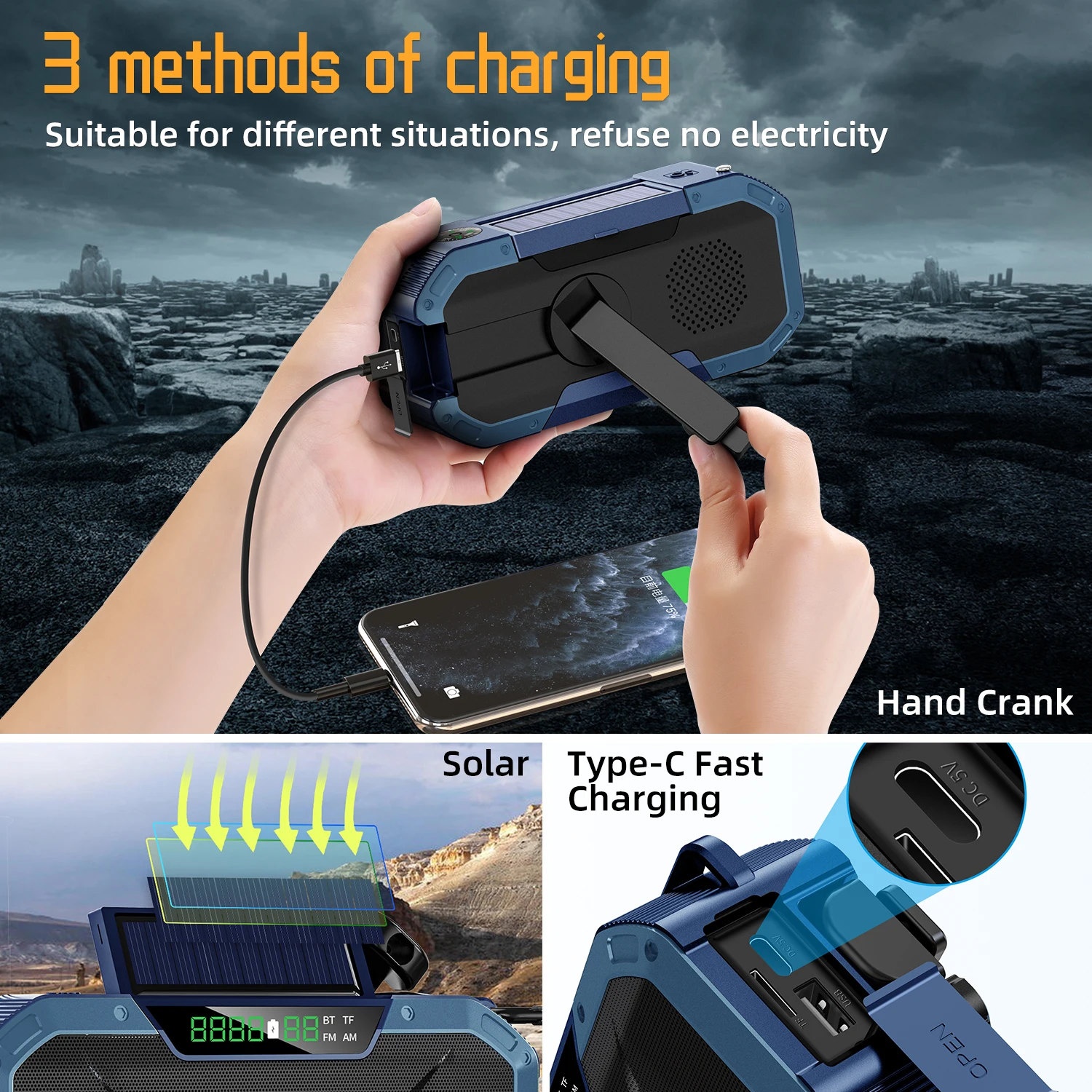 2021 multifunctional portable bluetooth speaker hand crank solar radio amfm radios led flashlight and 5000mah power bank w sos free global shipping