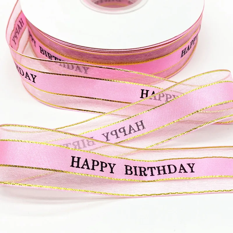 5yds 1" 25mm Printed HAPPY BIRTHDAY Organza Ribbons Gold Silver Metallic Edge Ribbon Flower Gift Packing Wedding Decoration DIY | Дом и