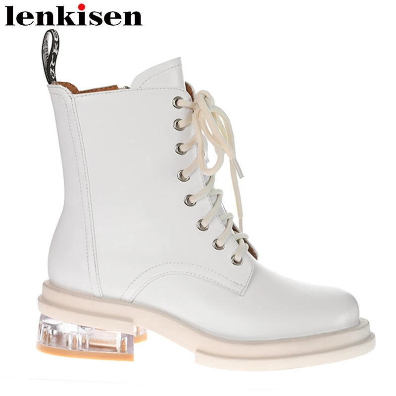 

Женские ботинки ручной работы Lenkisen из натуральной коровьей кожи с заклепками, зимние Прозрачные ботинки на среднем каблуке с перекрестной ...