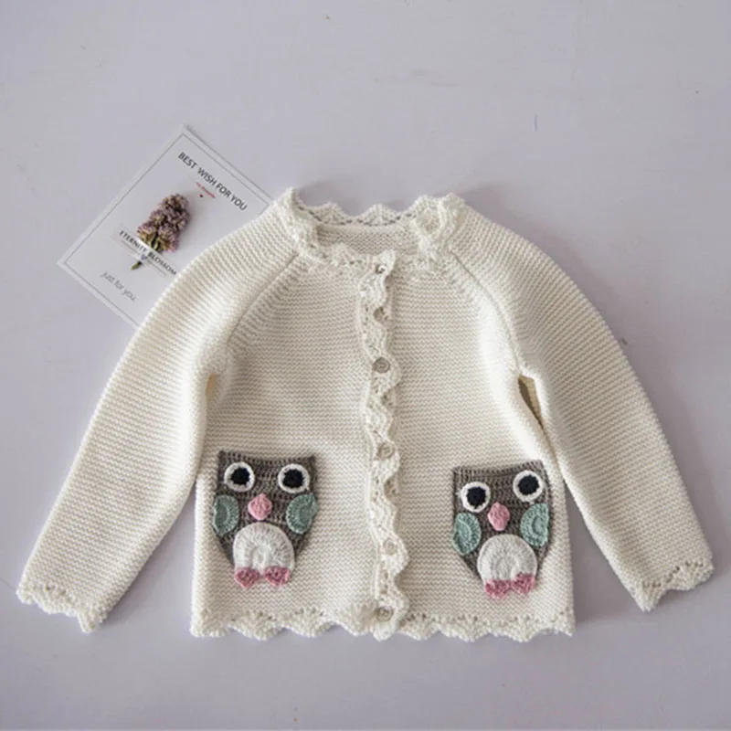 Осенне зимний хлопковый кардиган с рисунком совы для маленьких девочек Одежда