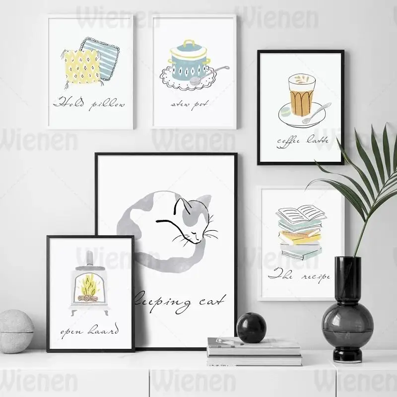 

Cartoon Warm Canvas Painting Still Life Cat Coffee Cup Pot Spoon Wall Art Nordic Posters and Prints Home Decoration Wall Picture