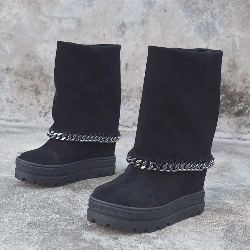 Сапоги женские кожаные увеличивающие рост до середины икры 8 см | Обувь