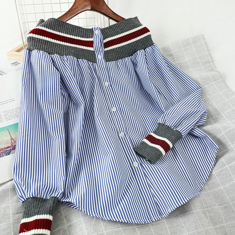 

Spring Autumn Women's Patchwork Shirts Striped Navy Style Loose Retro Shirt Long Sleeve Lantern Sleeve Shirt Woman Tops PL116