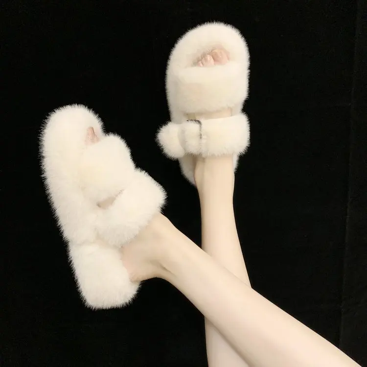 

Hairy slippers women 2021 autumn and winter new Korean version of the thick bottom slope with flip-flops home cotton slippers