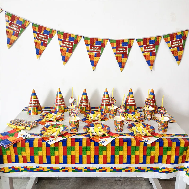 

New Building Blocks Party Disposable Tableware Sets Kid Boys Party Decorations Colorful Building Blocks Decorations