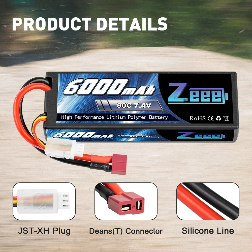 Zeee-bater&iacute;a Lipo de 6000mAh, 2S, 80C, 7,4 V con enchufe Decan, carcasa r&iacute;gida, para coche, cami&oacute;n, tanque, Slash Truggy, 2 unidades-1