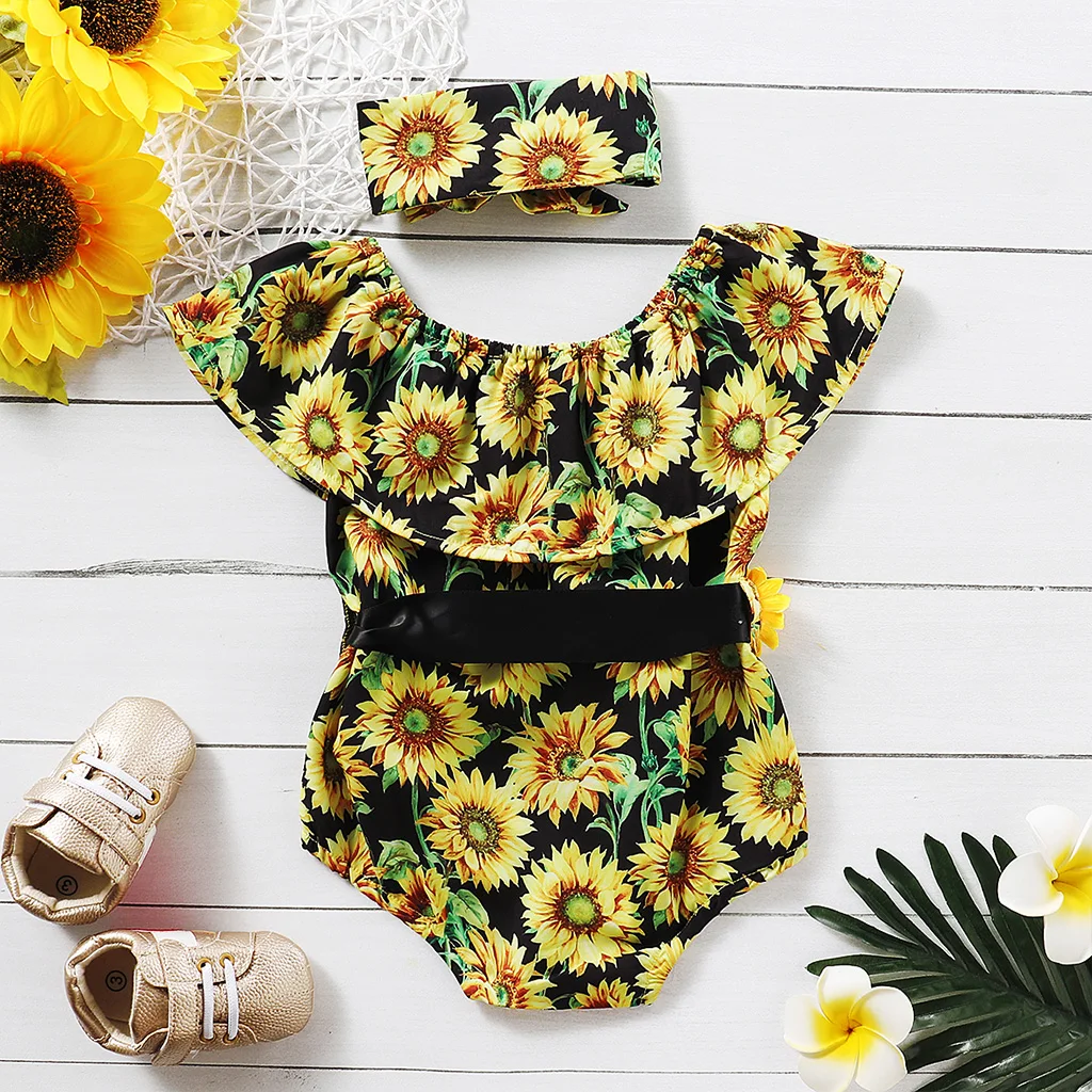 

0-24M Sunflower Newborn Infant Baby Girls Romper Ruffles Flower Jumpsuit Playsuit Sunsuit Summer Baby Girl Costumes