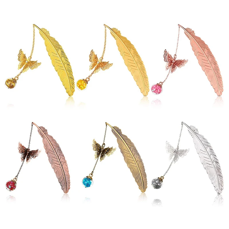 

6Pcs Metal Feather Bookmark Reading Markers Feather Metal Bookmark with 3D Butterfly and Colorful Crystal Glass Ball
