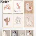 Alpaca Единорог художественный постер детское имя на заказ холст печать абстрактный кактус Радуга картина настенные картины для детской комнаты Детская комната Декор