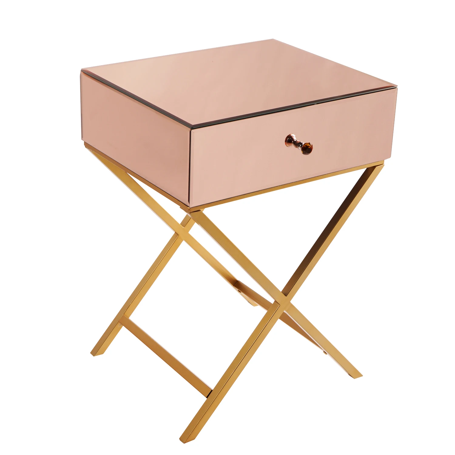 

Mirror Surface Nightstand Bedside Table Cabinet 1 Drawer Golden Metal X-Shaped Foot 48x40x66.8CM Rose Desktop[US-Stock]
