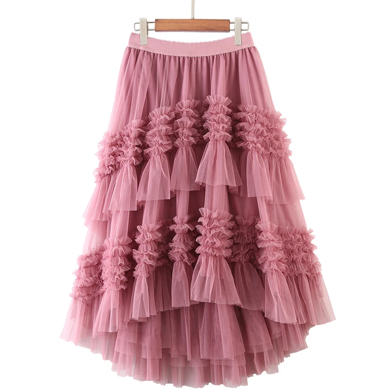 

Womens 2021New Spring Heavy Process Cake Layered Irregular Mesh Skirts High Waist Ruffled Vintage Tiered Tulle Pleated INS Skirt