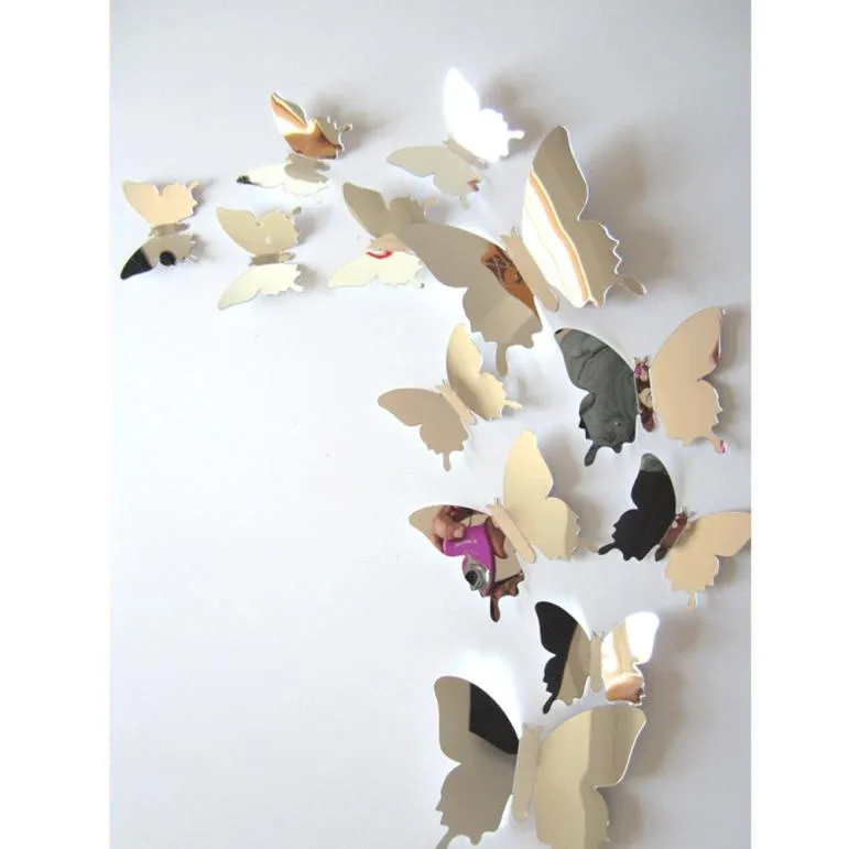 12pcs/set Mirror Wall Stickers Decal Butterflies 3D Mirror Wall Art Home Decors butterfly fridge wall decal on sale Sticker F805